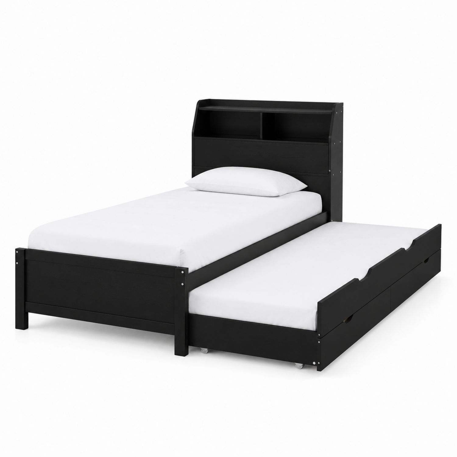 Łóżko z wysuwanym drugim łóżkiem z płyty MDF czarne z półkami 200x90cm
