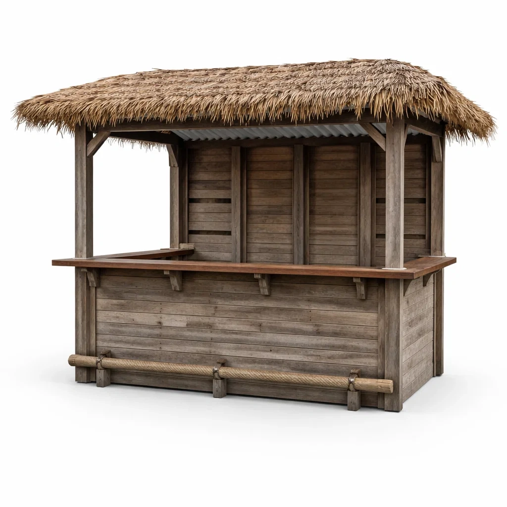 Massivholz Tiki Bar mit Palmstrohdach 200x100x220 cm-COZYVORAE