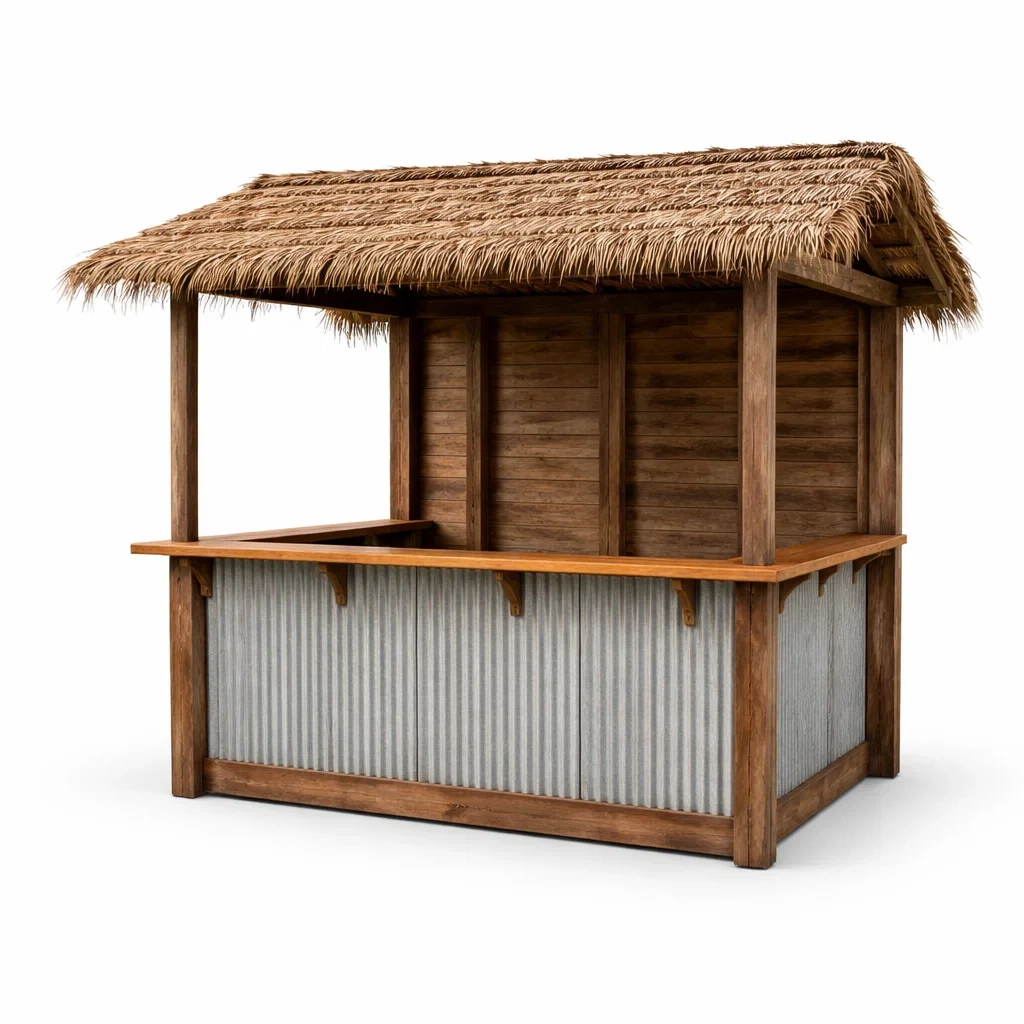 Gartenbar aus Holz mit Wellblech und Strohdach-COZYVORAE