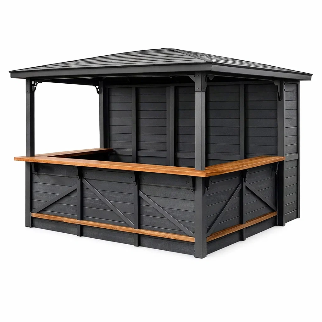 Gartenpavillon Bar aus Metall und Holz, 300cm x 200cm x 250cm, Schwarz-COZYVORAE