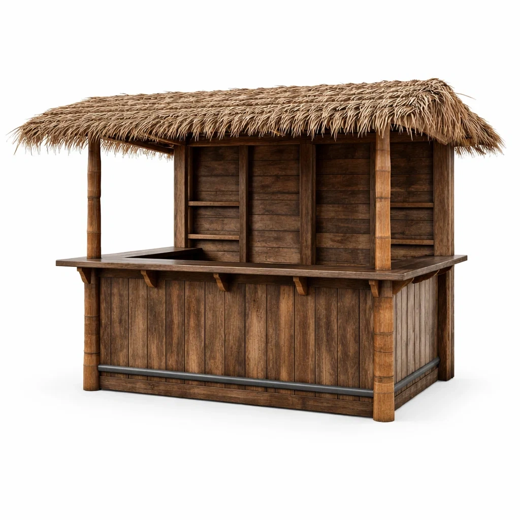 Holz Tiki-Bar mit Strohdach 200x100x200cm Braun-COZYVORAE