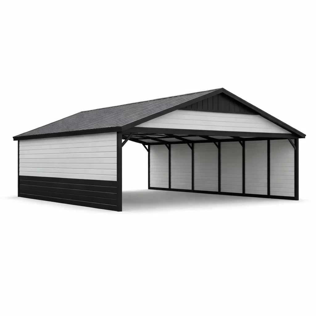 Doppelcarport aus Stahl mit Holzverkleidung 600x400x250 cm Schwarz/Weiß-COZYVORAE