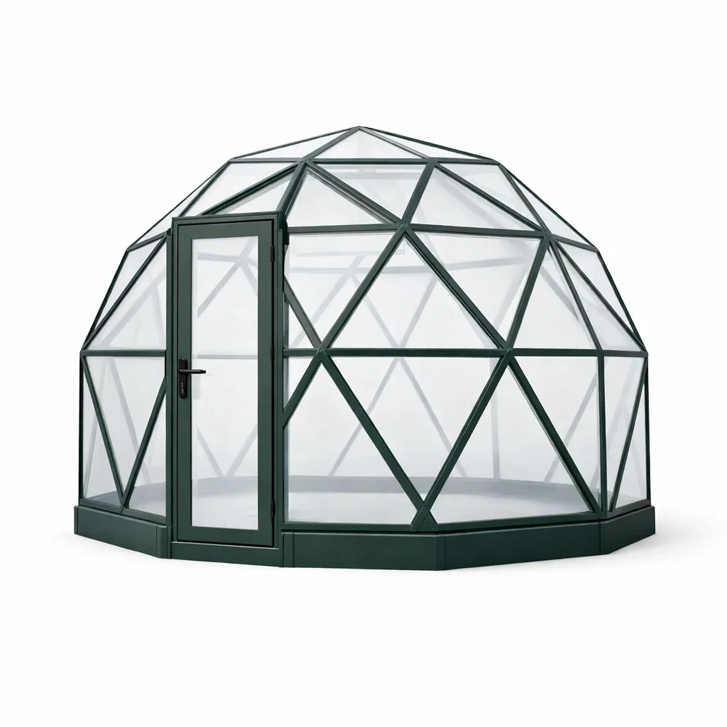 Geodätische Kuppel aus Aluminium und gehärtetem Glas 4.5m Dunkelgrün-COZYVORAE