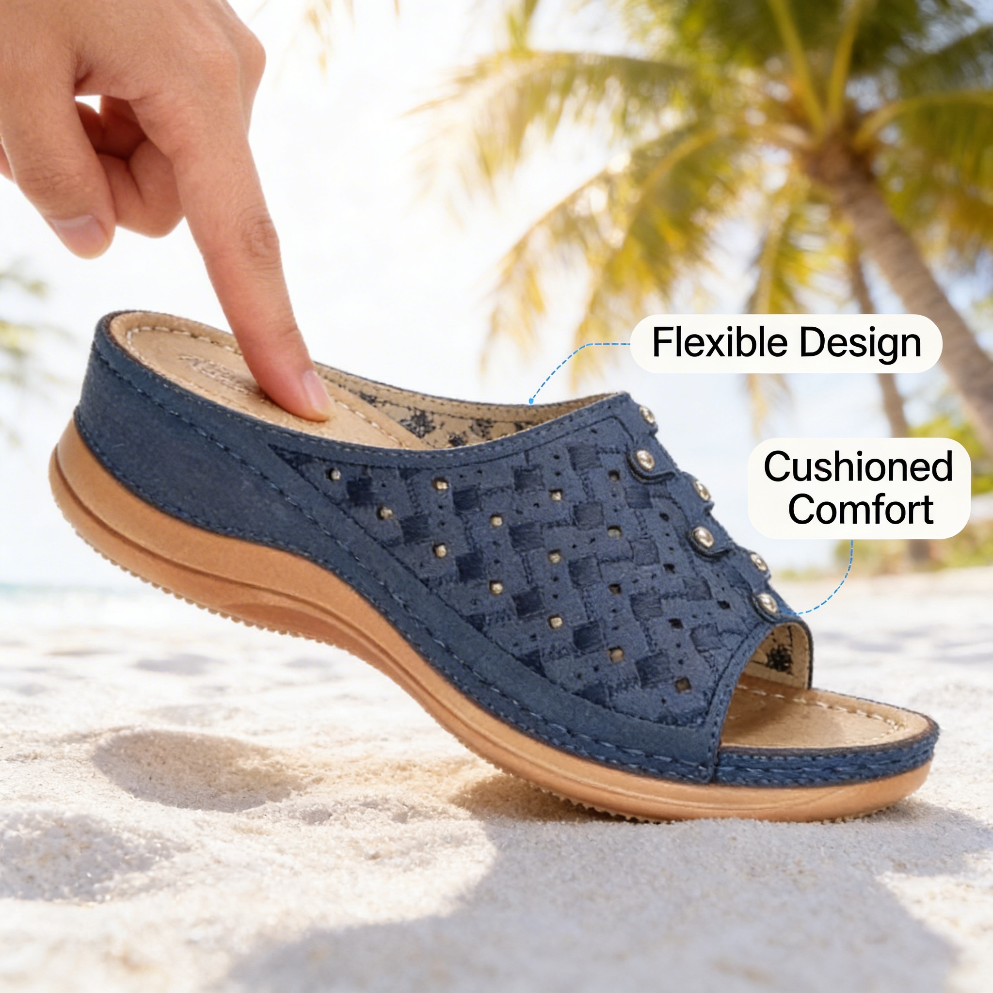 The sandals paired with a flowing summer dress, showcasing versatility.