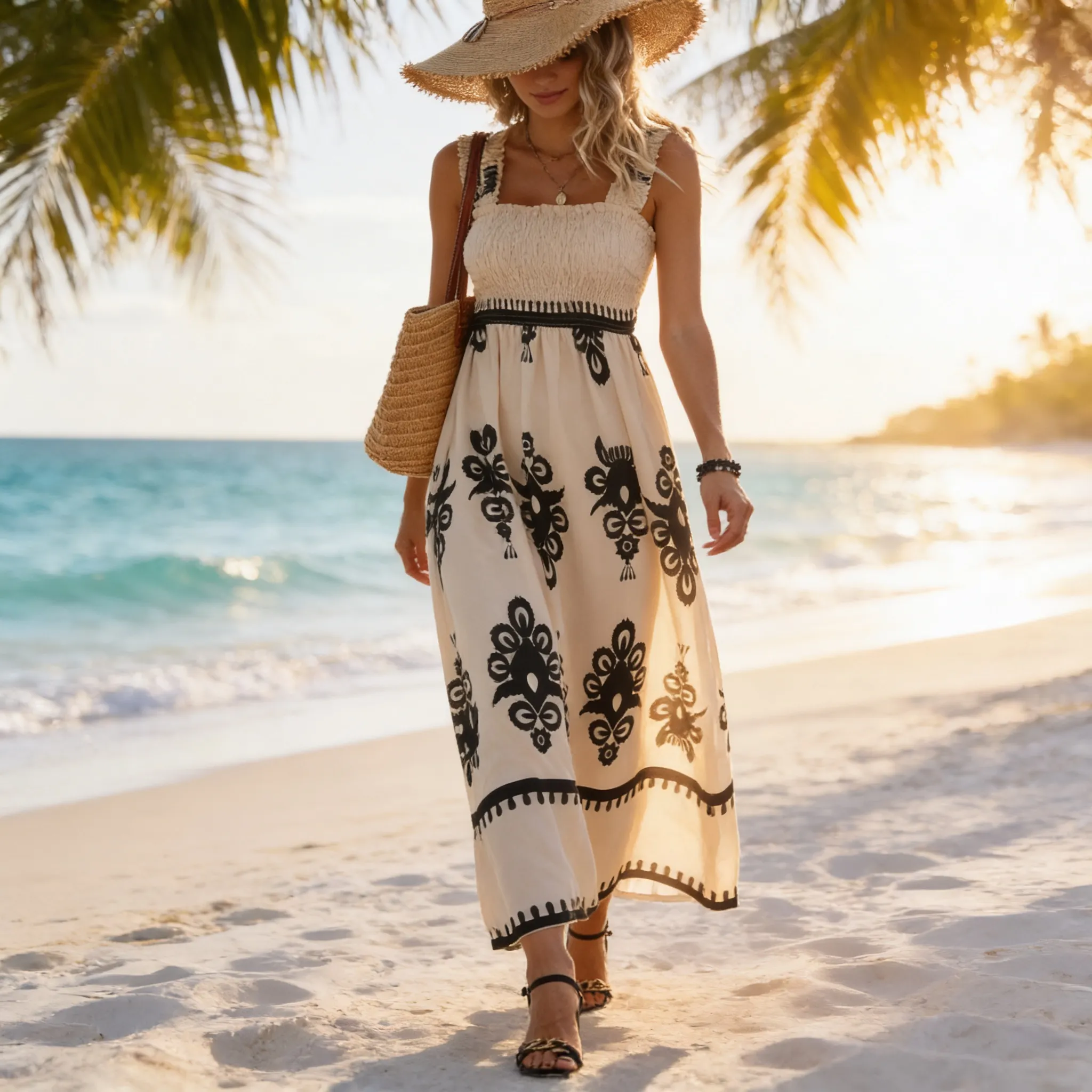 Women's Boho Floral Print Smocked Maxi Dress - Hero Shot