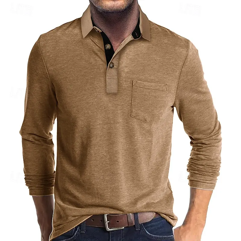 Men's Golf Shirt Golf Polo Work Casual Lapel Long Sleeve Basic Modern Solid Color Button Pocket Spring & Fall Regular Fit Wine Apricot Black White Dark Red Yellow Golf Shirt 2024 - $20.99 –P3
