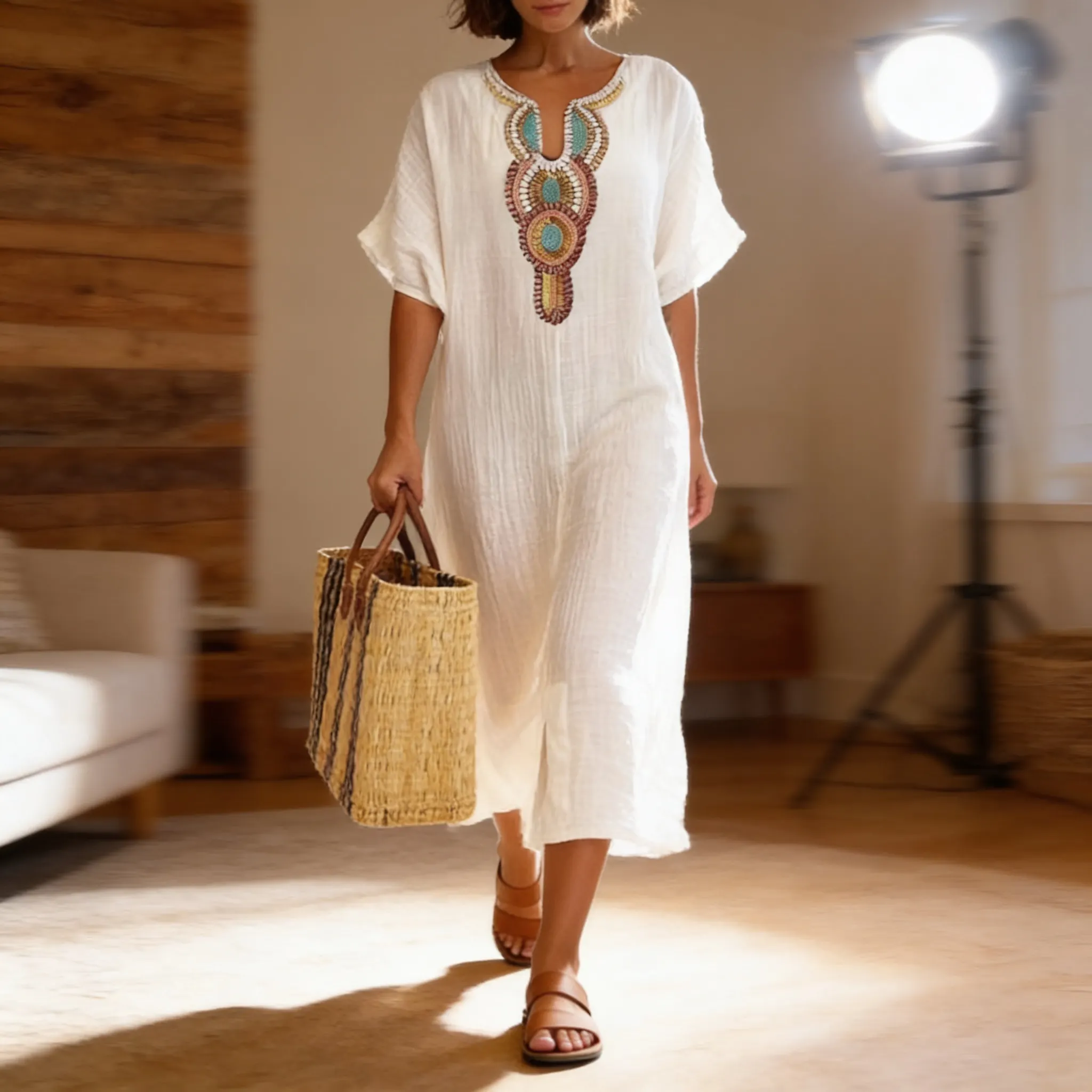 Cotton and Linen Embroidered Slit Dress - Hero Image