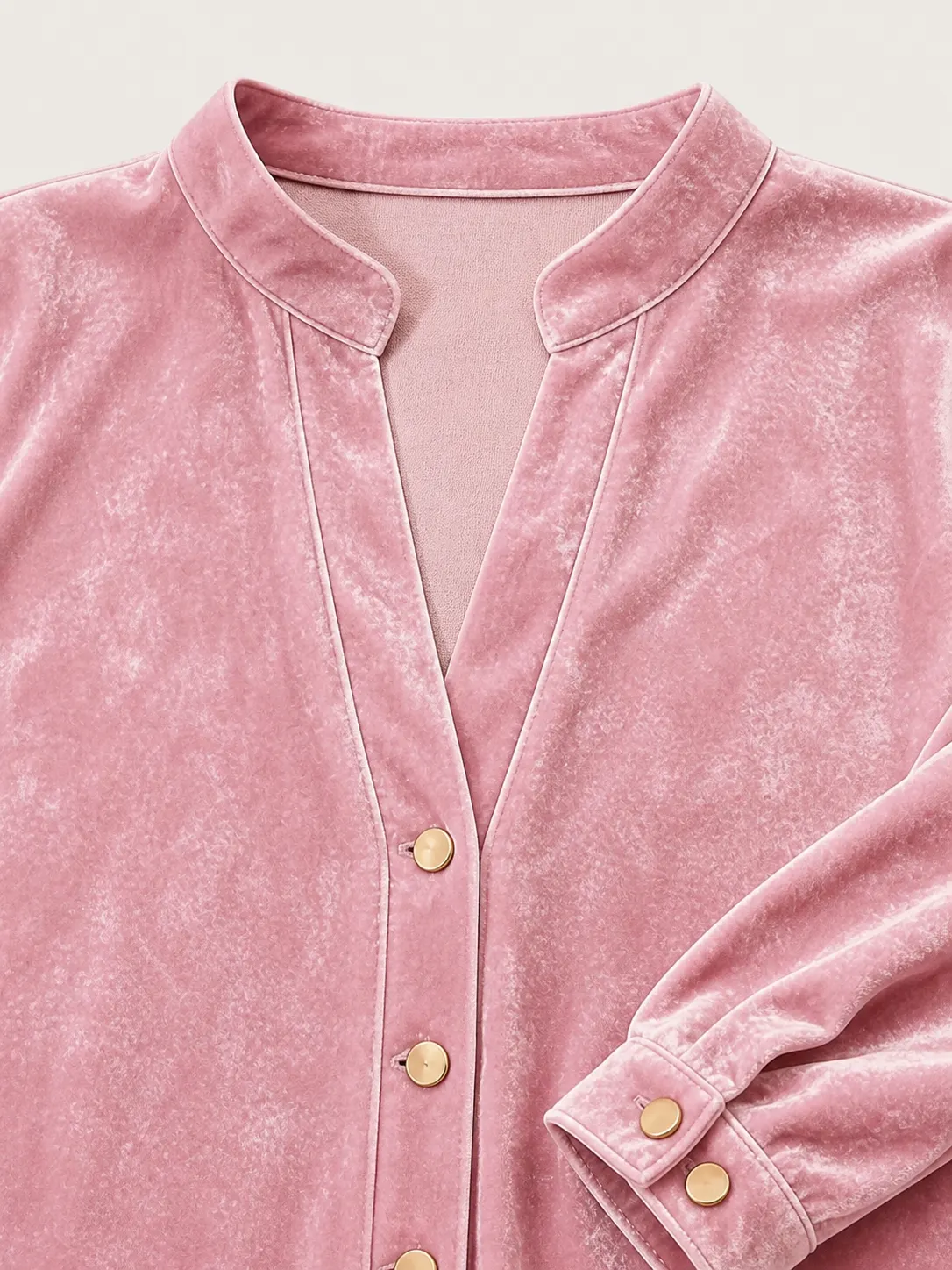 Velvet V-Neck, Button and Sleeve Cuff Detail