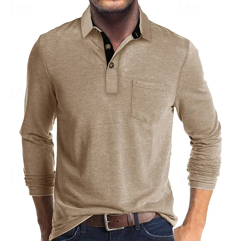 Men's Golf Shirt Golf Polo Work Casual Lapel Long Sleeve Basic Modern Solid Color Button Pocket Spring & Fall Regular Fit Wine Apricot Black White Dark Red Yellow Golf Shirt 2024 - $20.99 –P1