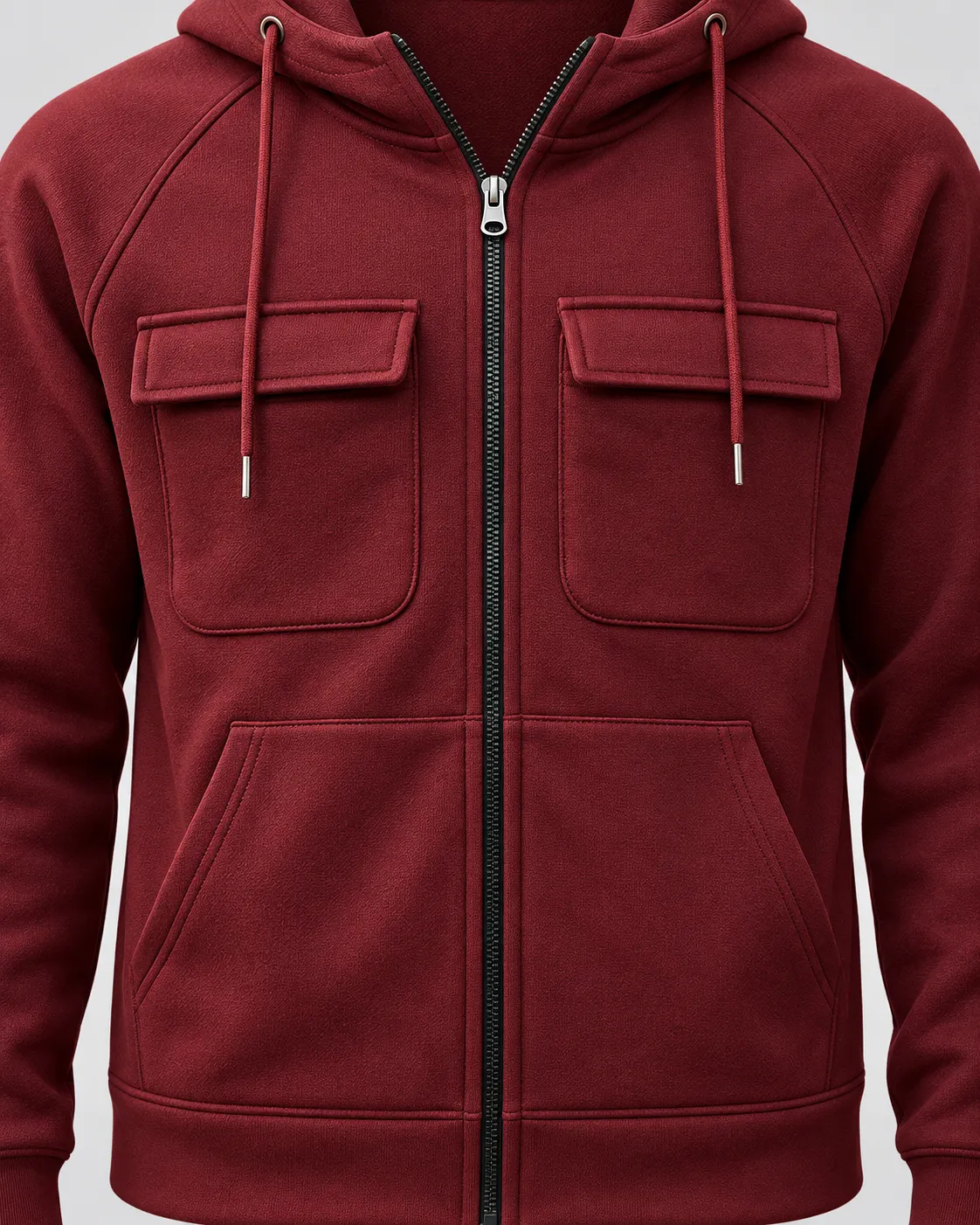 Wine red multi-pocket hooded zip jacket detail 2