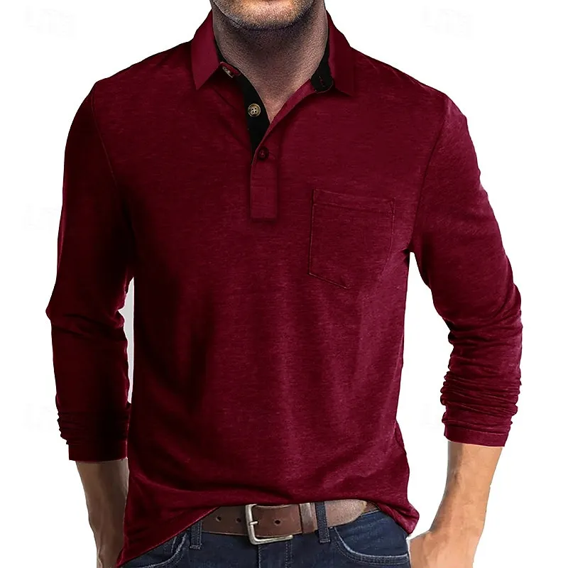 Men's Golf Shirt Golf Polo Work Casual Lapel Long Sleeve Basic Modern Solid Color Button Pocket Spring & Fall Regular Fit Wine Apricot Black White Dark Red Yellow Golf Shirt 2024 - $20.99 –P19