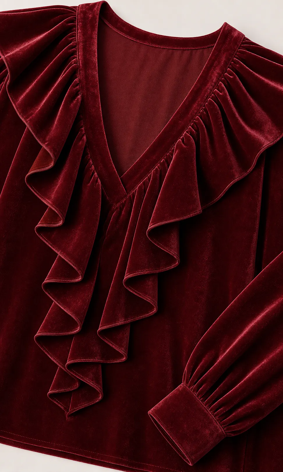 Wine Red Velvet V-Neck Ruffle and Gathered Cuff Detail