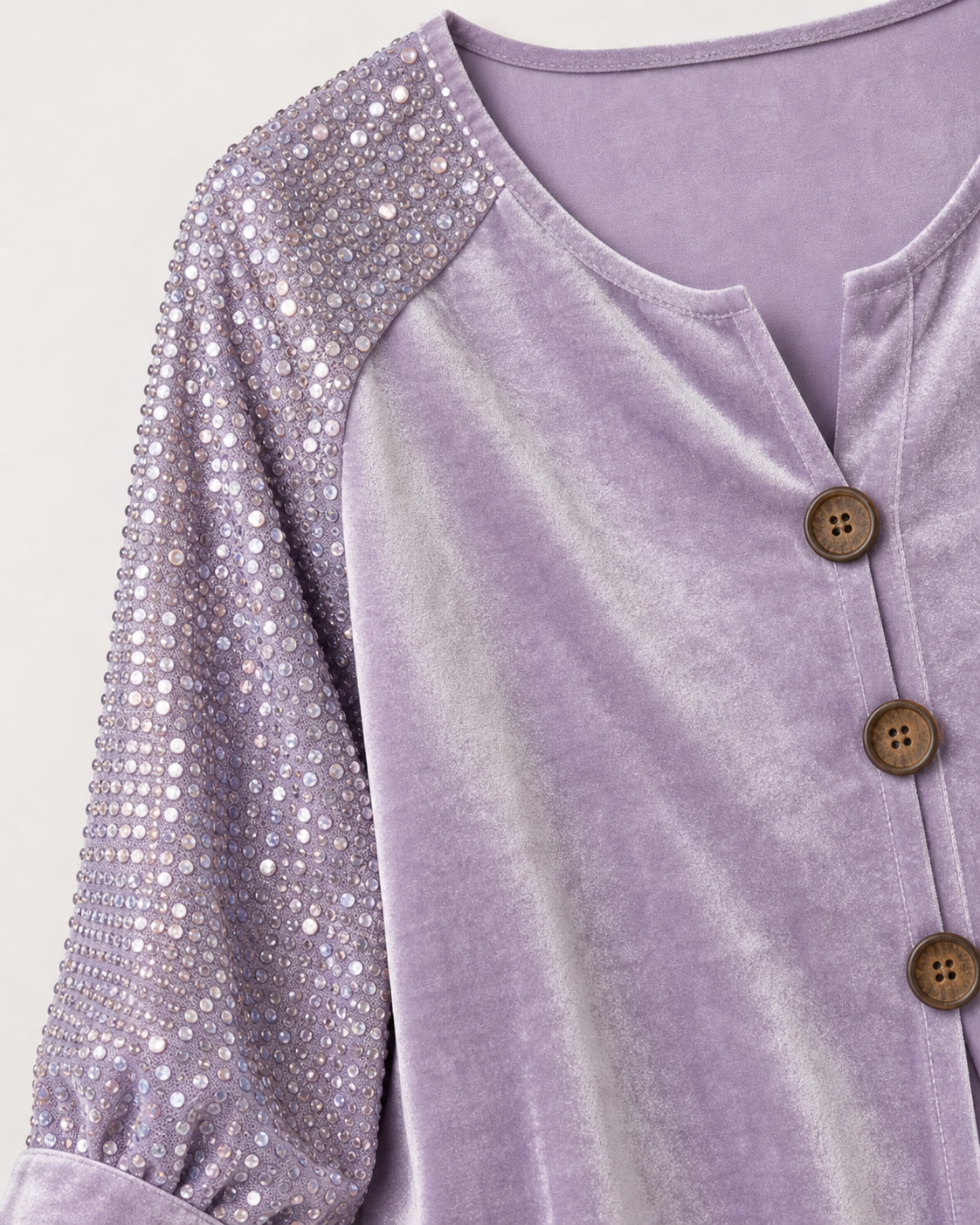 Sparkling Sequin Sleeve and Velvet Button Detail