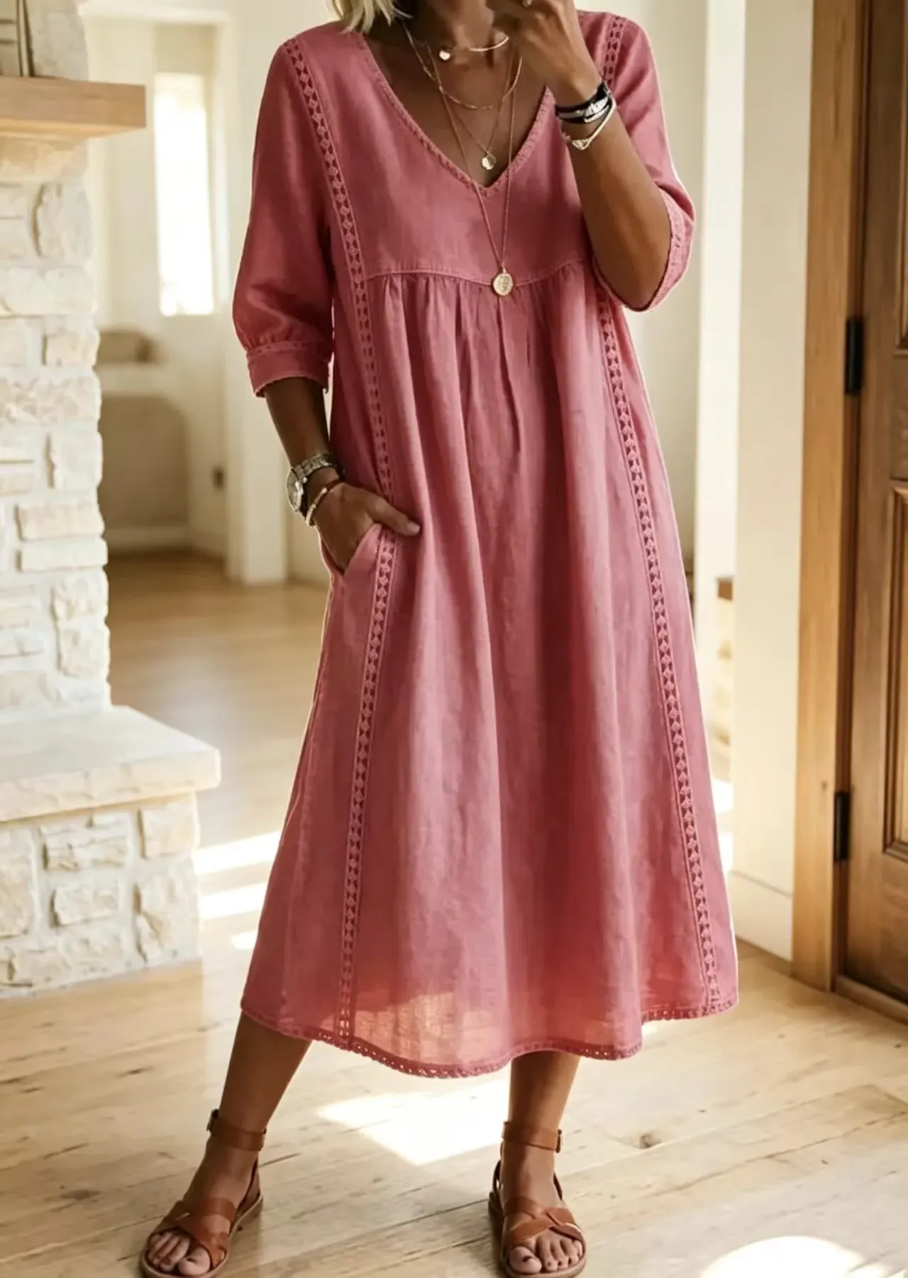 Vestido midi de lino holgado boho