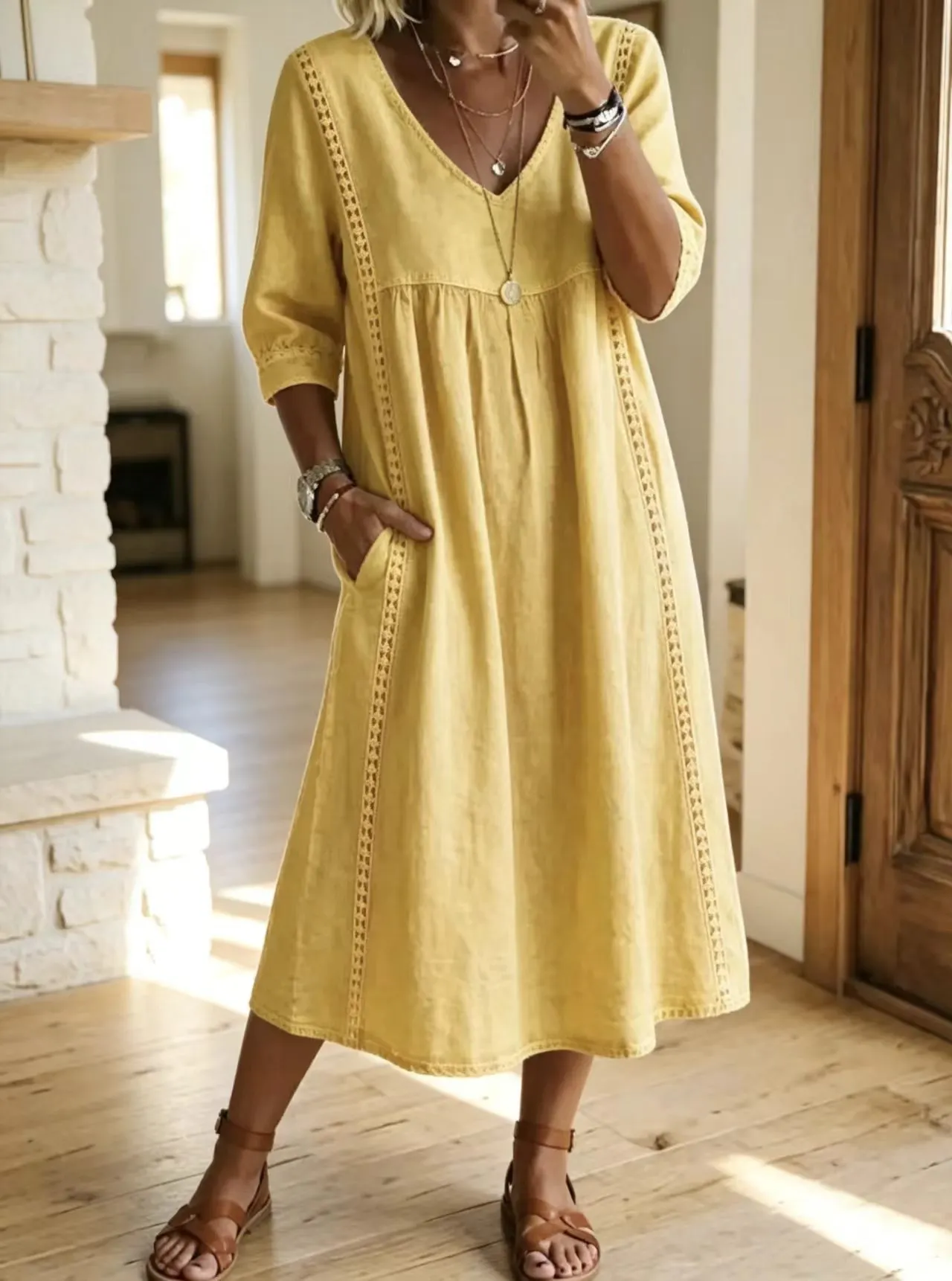 Vestido midi de lino holgado boho