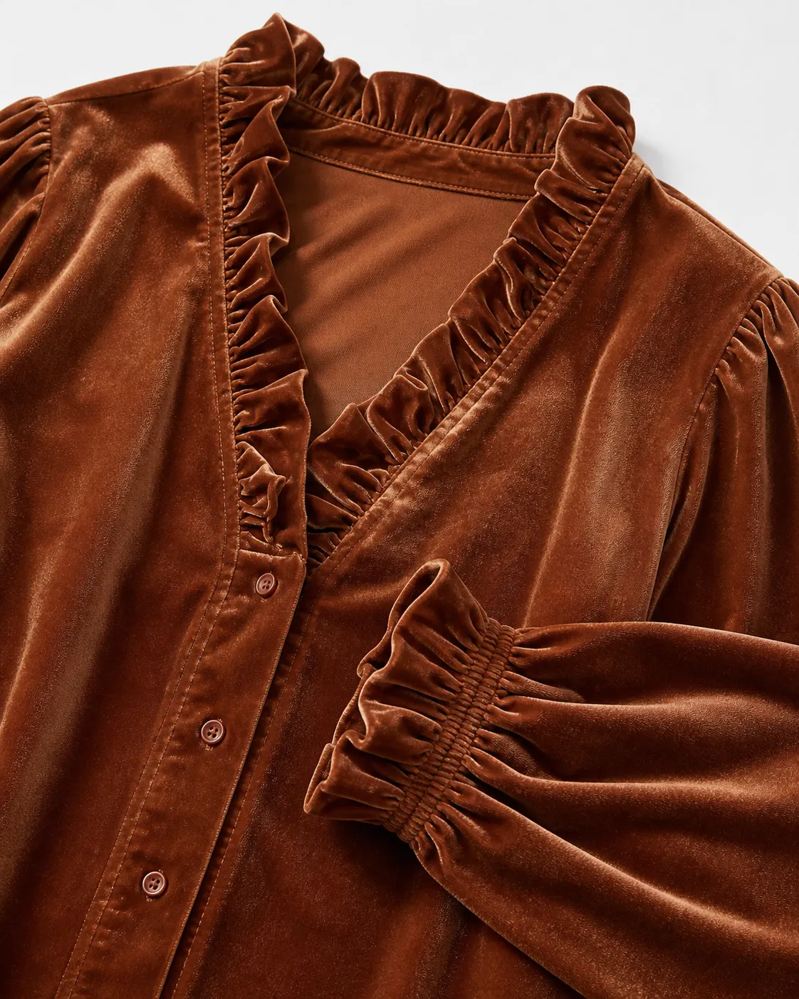 Ruffled V-Neck, Button Front and Cuff Detail