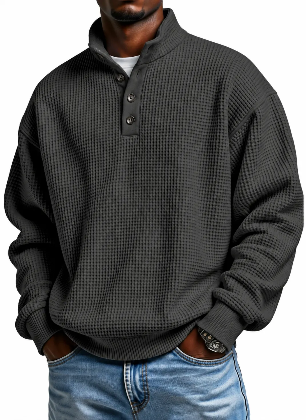 Jersey Henley de punto con cuello alto corto y tres botones — Negro