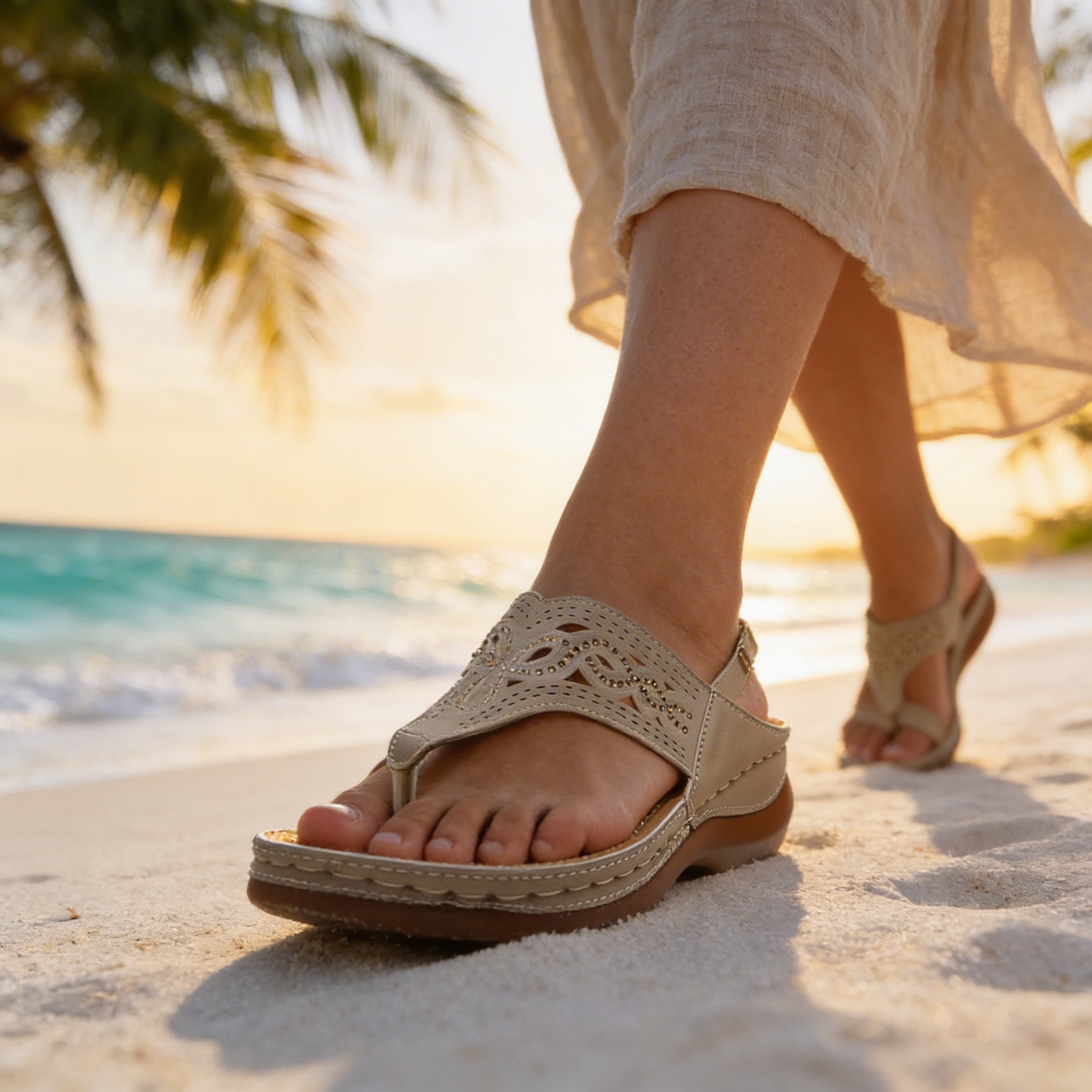 Woman confidently walking in Comfy Wedge shoes
