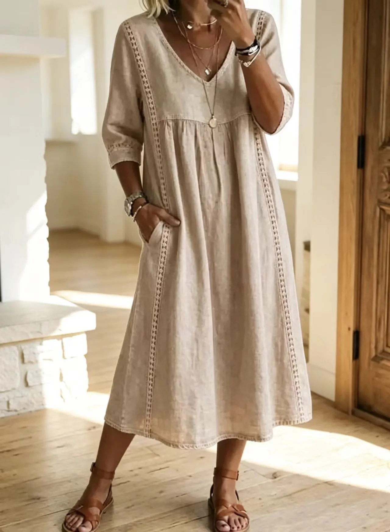Vestido midi de lino holgado boho