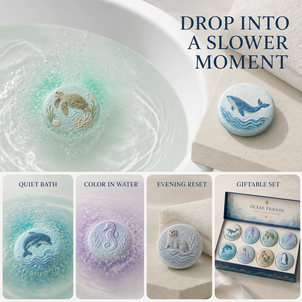 Cuadrícula de estilo de vida que muestra las bombas de baño efervescentes Ocean Friends en un baño caliente, en una bandeja de baño, en un entorno nocturno tranquilo y listas para regalar