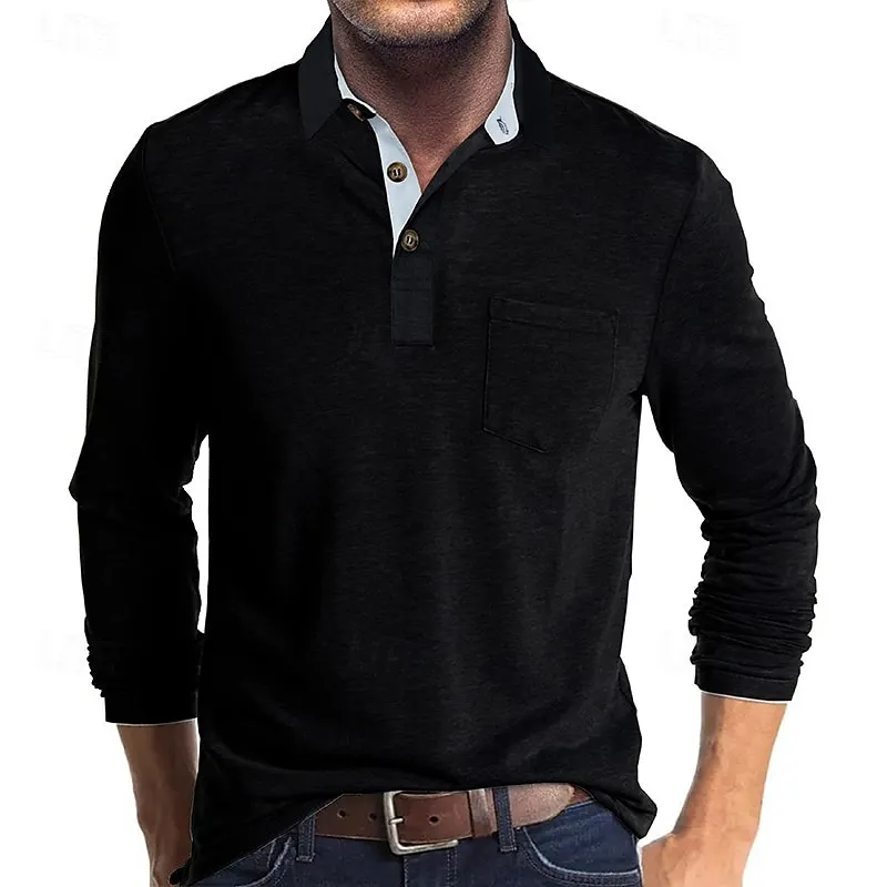 Men's Golf Shirt Golf Polo Work Casual Lapel Long Sleeve Basic Modern Solid Color Button Pocket Spring & Fall Regular Fit Wine Apricot Black White Dark Red Yellow Golf Shirt 2024 - $20.99 –P11