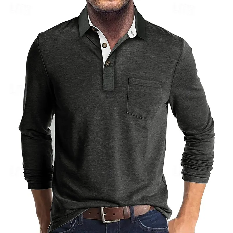 Men's Golf Shirt Golf Polo Work Casual Lapel Long Sleeve Basic Modern Solid Color Button Pocket Spring & Fall Regular Fit Wine Apricot Black White Dark Red Yellow Golf Shirt 2024 - $20.99 –P7