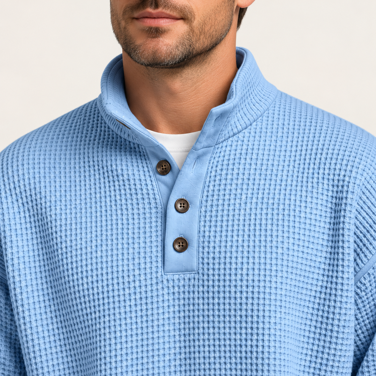 Jersey Henley de punto con cuello alto corto y tres botones — Azul claro