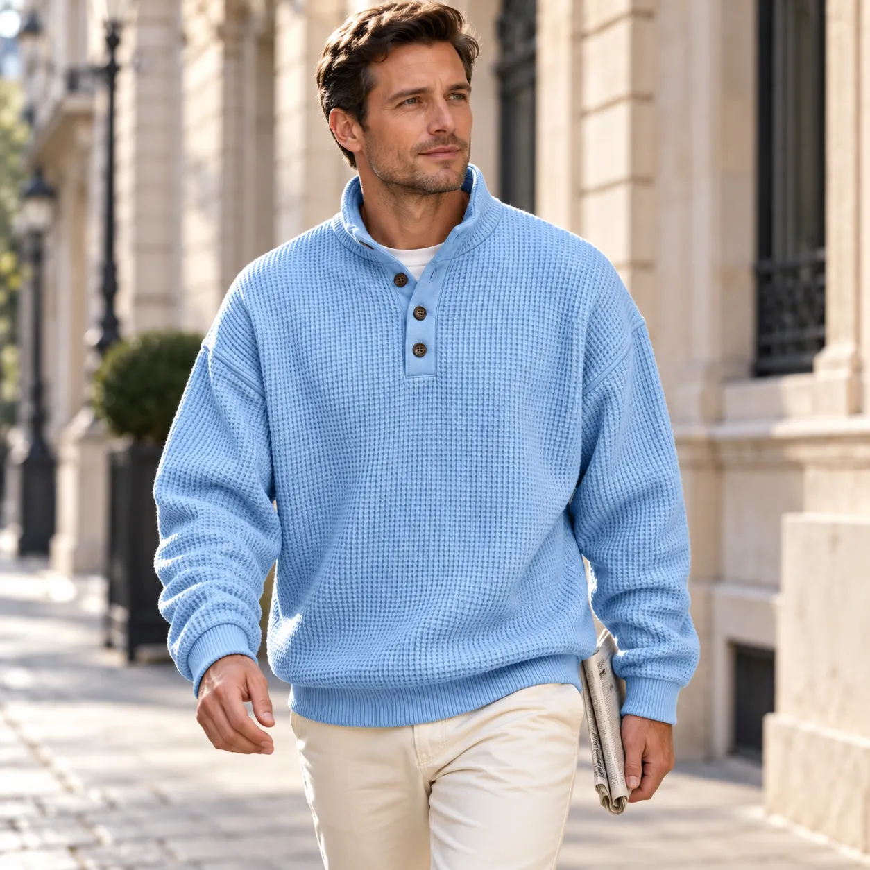 Jersey Henley de punto con cuello alto corto y tres botones — Azul claro