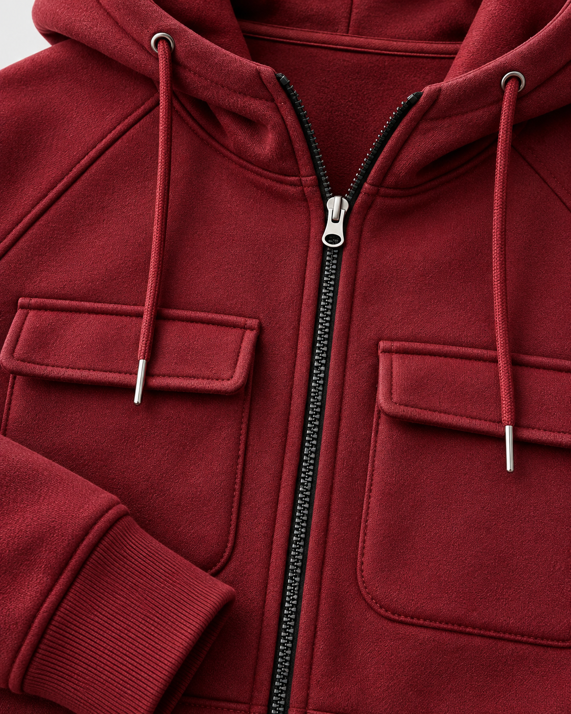 Wine red multi-pocket hooded zip jacket detail 3
