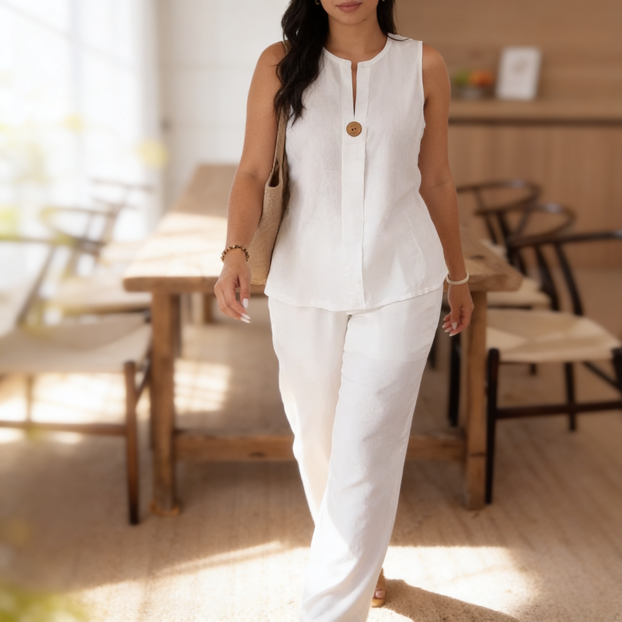 Linen-Blend Sleeveless Top & Pants Two-Piece Set Hero Image