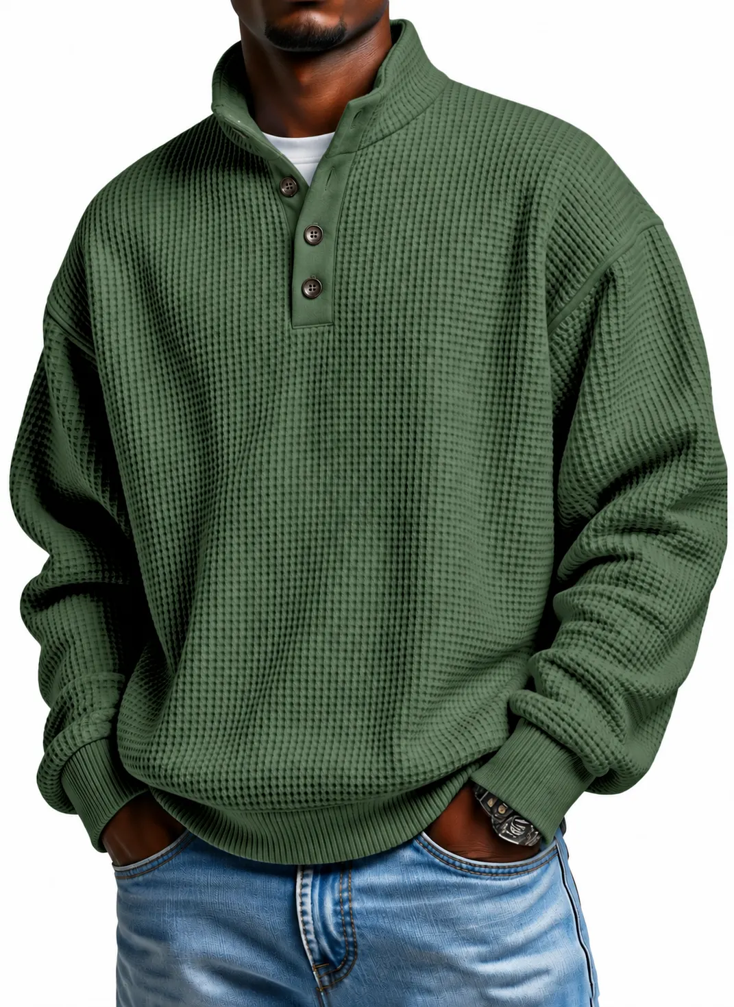 Jersey Henley de punto con cuello alto corto y tres botones — Verde bosque