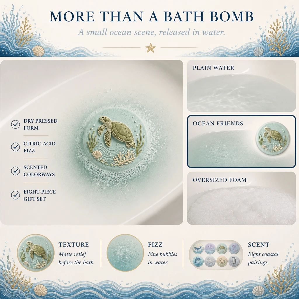 Tablero de comparación que contrasta un baño simple, un objeto decorativo y un ritual de bomba de baño efervescente Ocean Friends