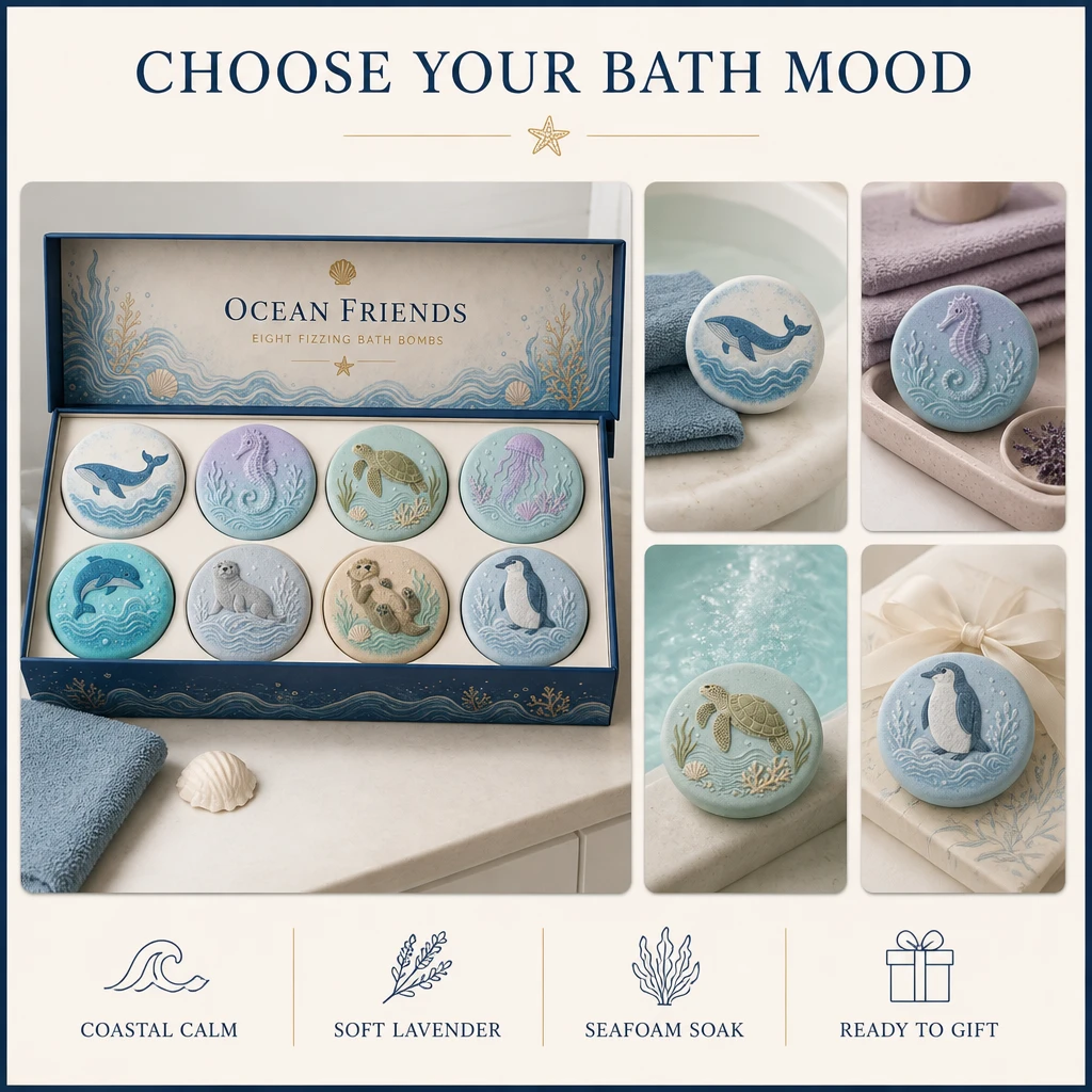 Tablero de combinación Ocean Friends que empareja ocho bombas de baño efervescentes de vida marina con sus direcciones de fragancia y estados de ánimo de baño