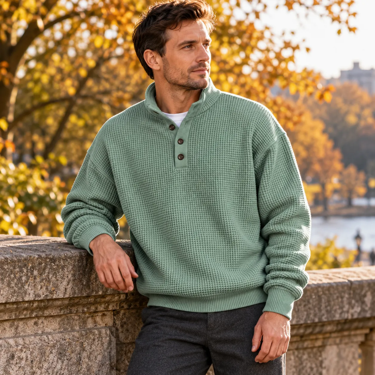 Jersey Henley de punto con cuello alto corto y tres botones — Verde salvia