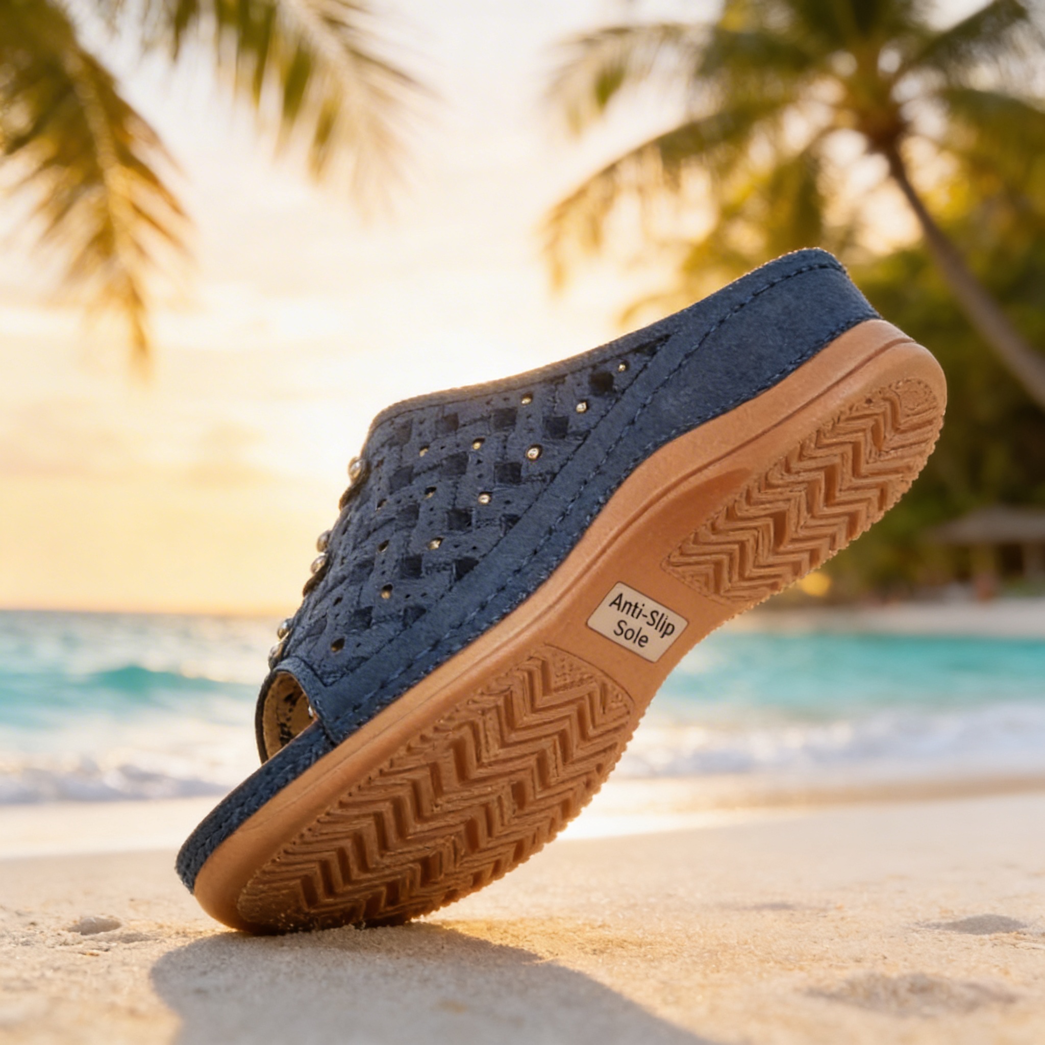 A pair of Lightweight Open-Toe Wedge Sandals in an elegant outdoor setting.