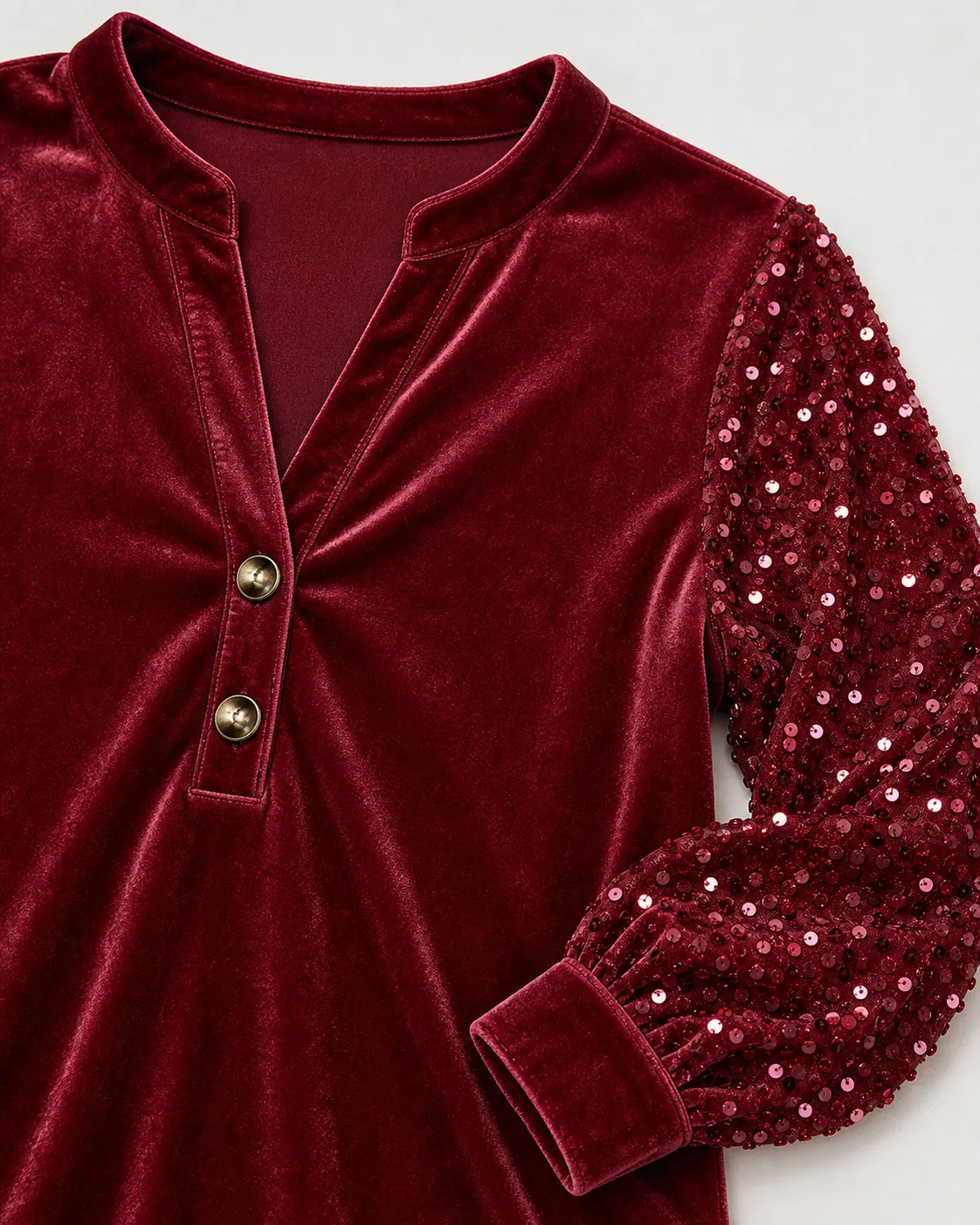 Velvet V-Neck, Two-Button Placket and Sequin Sleeve Detail