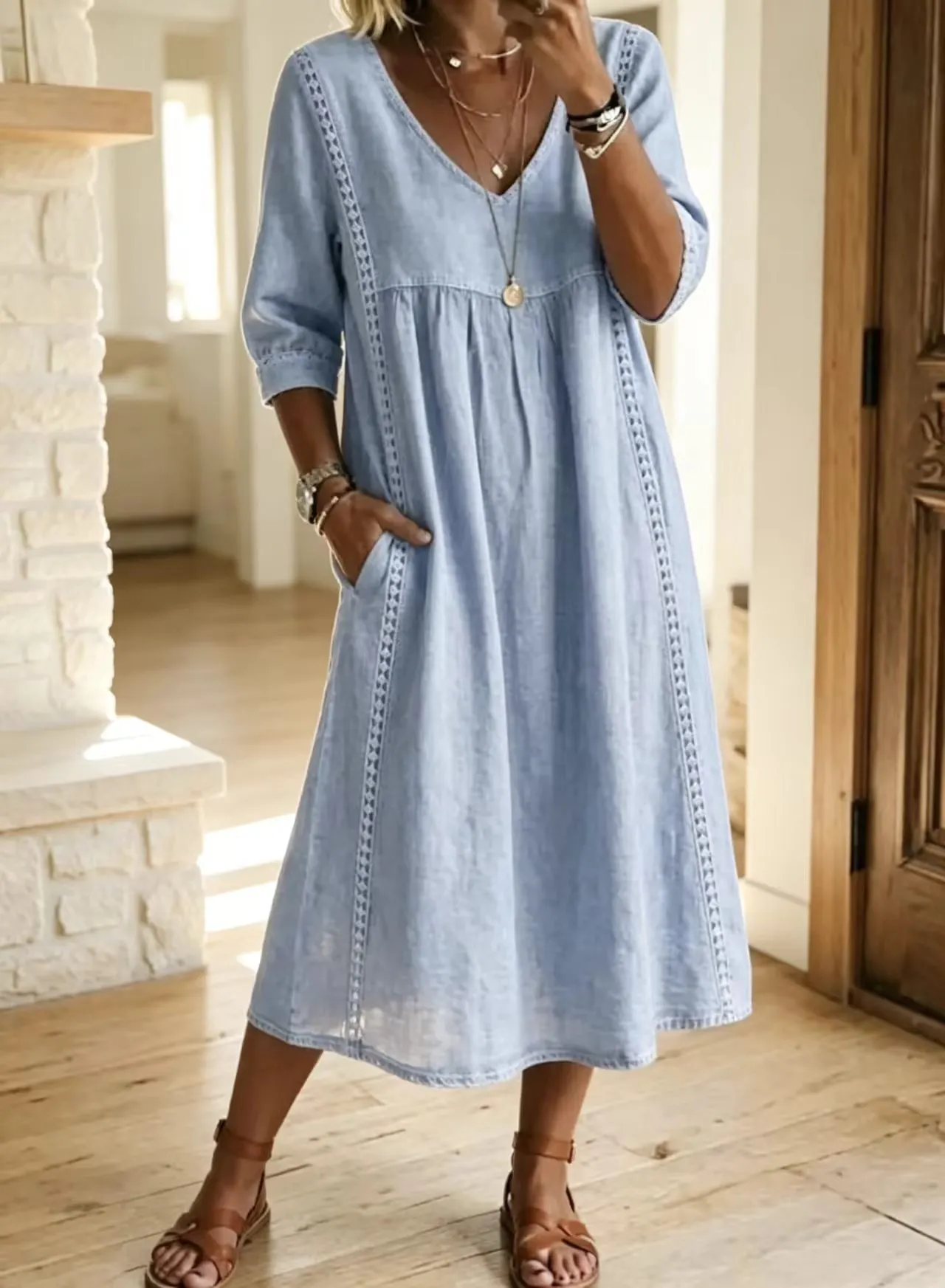 Vestido midi de lino holgado boho