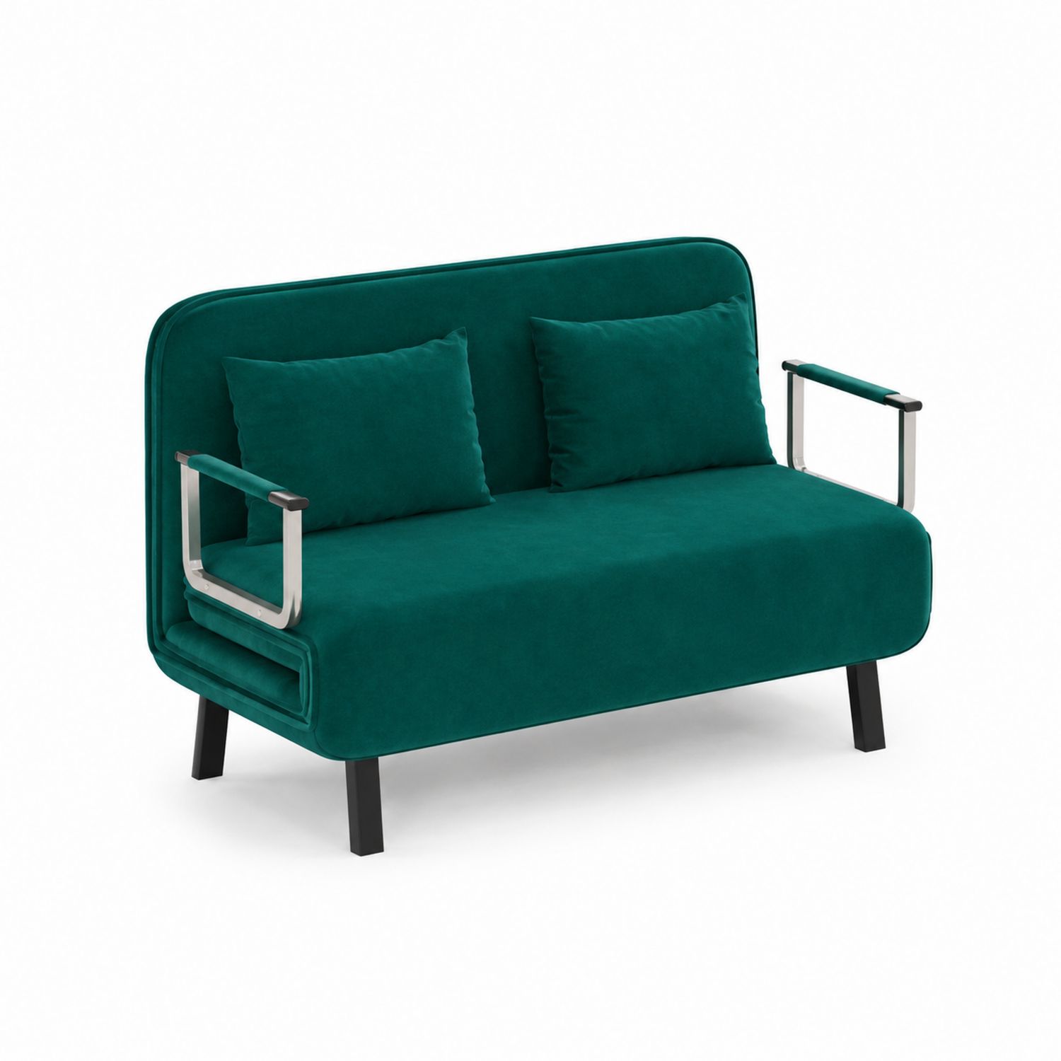 Dwuosobowa sofa zielona z metalowymi podłokietnikami