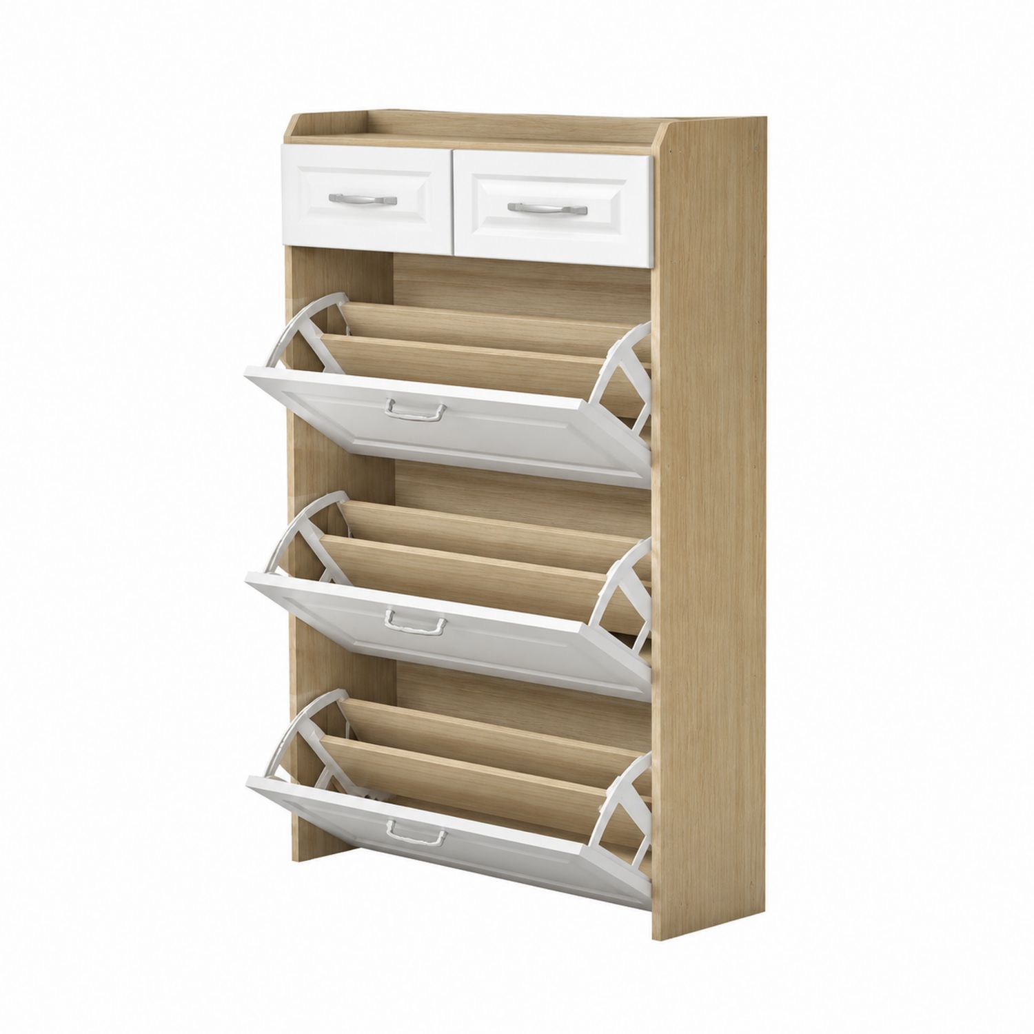 Drewniana Szafka z MDF na Buty z Szufladami i Uchylnymi Półkami 130cm