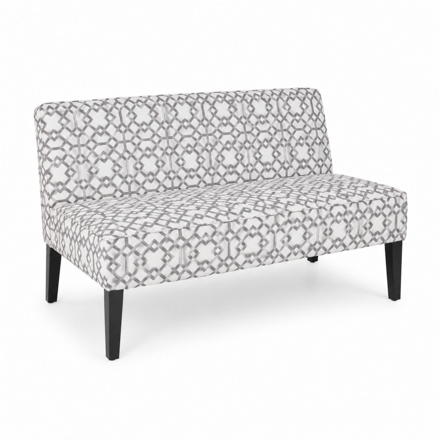 Dwuosobowa sofa z tkaniny poliestrowej i drewnianymi nogami, szaro-biały wzór