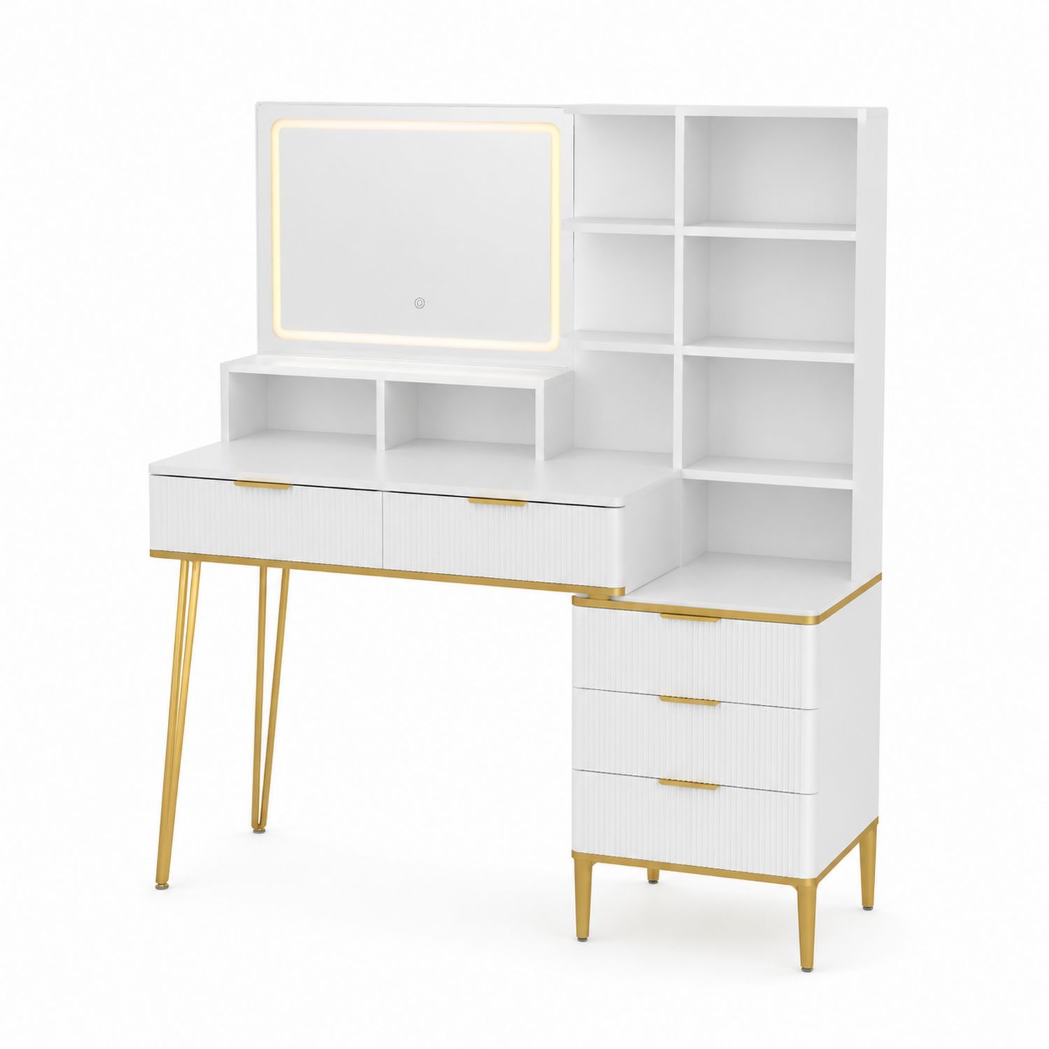 Toaletka z lustrem LED i półkami MDF/Stal Biała/Złota