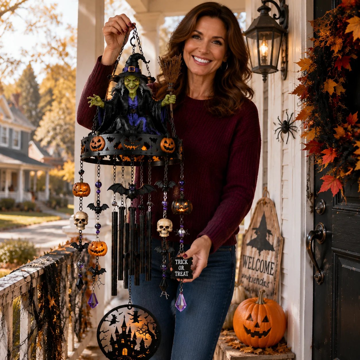Woman holding large Enchanted Witch Outdoor Wind Chime with haunted house pendant