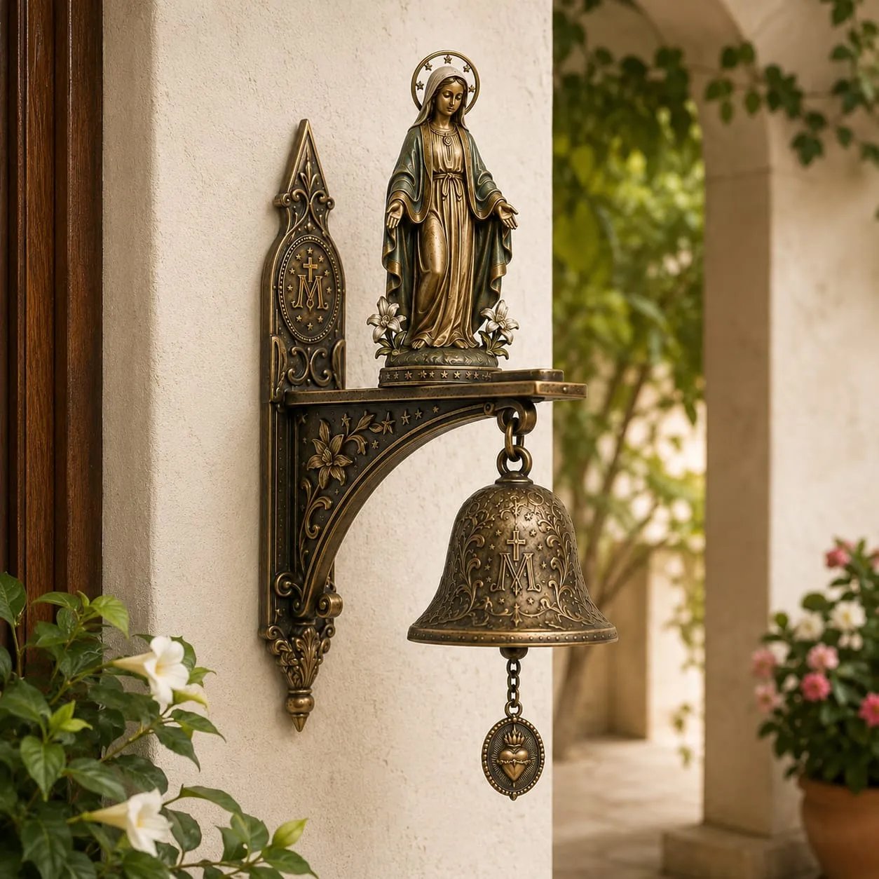 ✨ Our Lady of Grace Bronze Miraculous Medal Wall Bell | 🙏Catholic Religious Home & Garden Decor