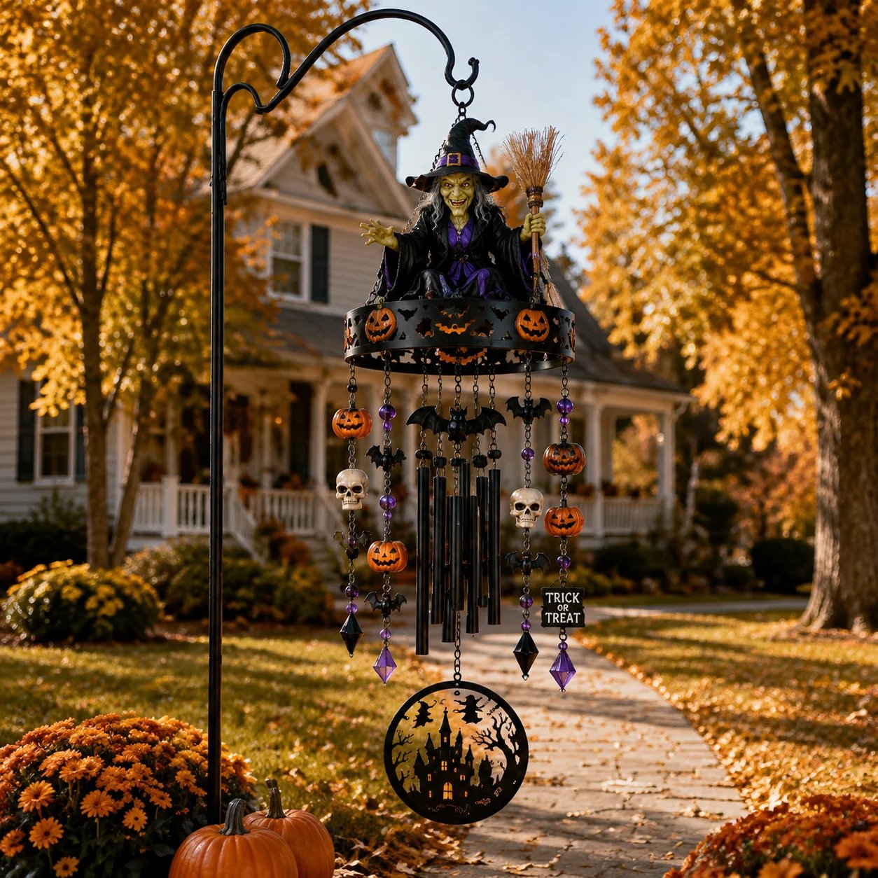 Enchanted Witch Halloween Outdoor Wind Chime displayed in front yard