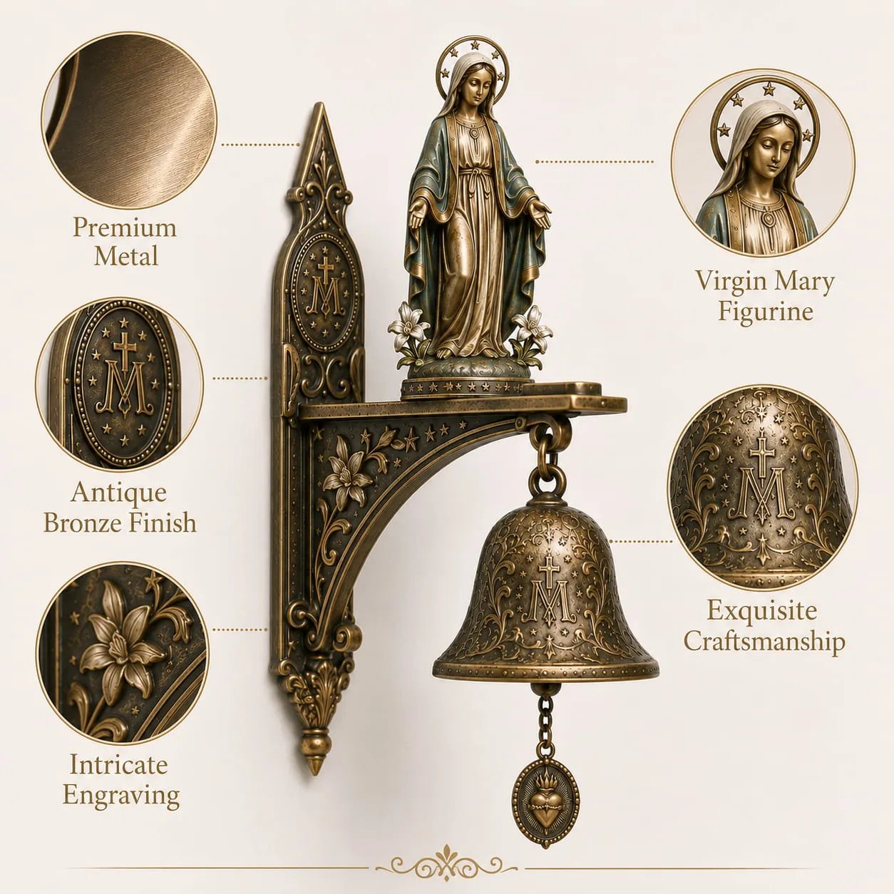✨ Our Lady of Grace Bronze Miraculous Medal Wall Bell | 🙏Catholic Religious Home & Garden Decor