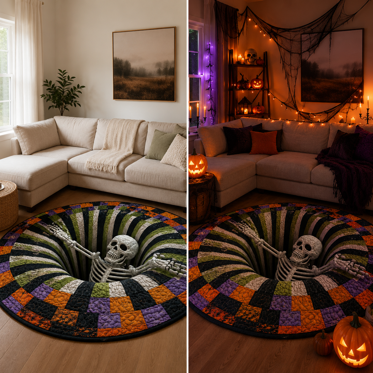 🔥Last Day Promotion🎃3D Skeleton Vortex Quilted Round Halloween Rug