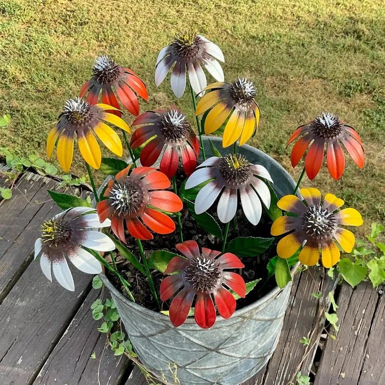 Handcrafted Echinacea Garden Stake | Metal Art | Hand Painted Art