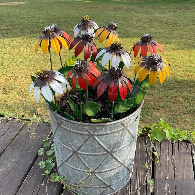 Handcrafted Echinacea Garden Stake | Metal Art | Hand Painted Art