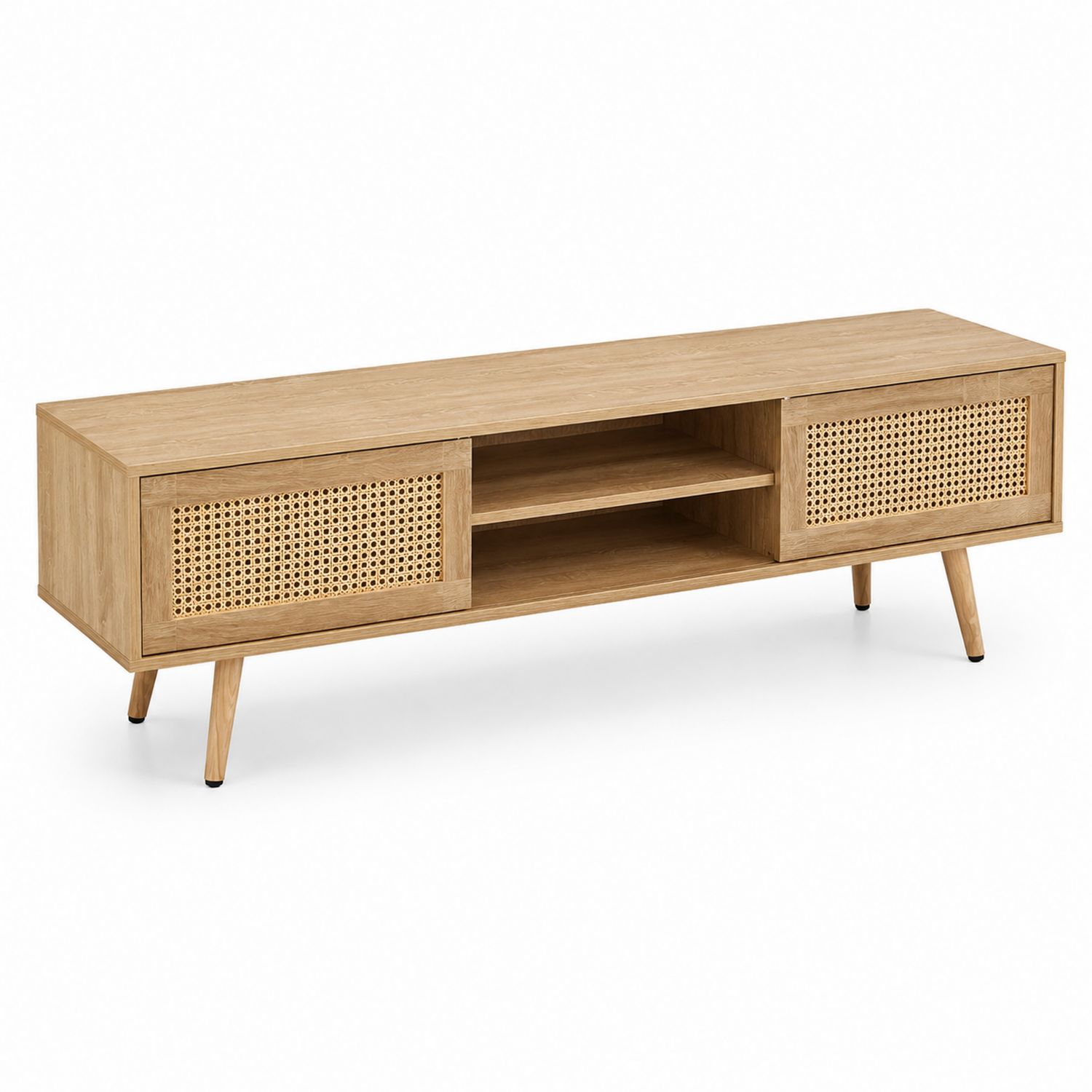 Szafka RTV drewniana z rattanowymi frontami, 150 cm