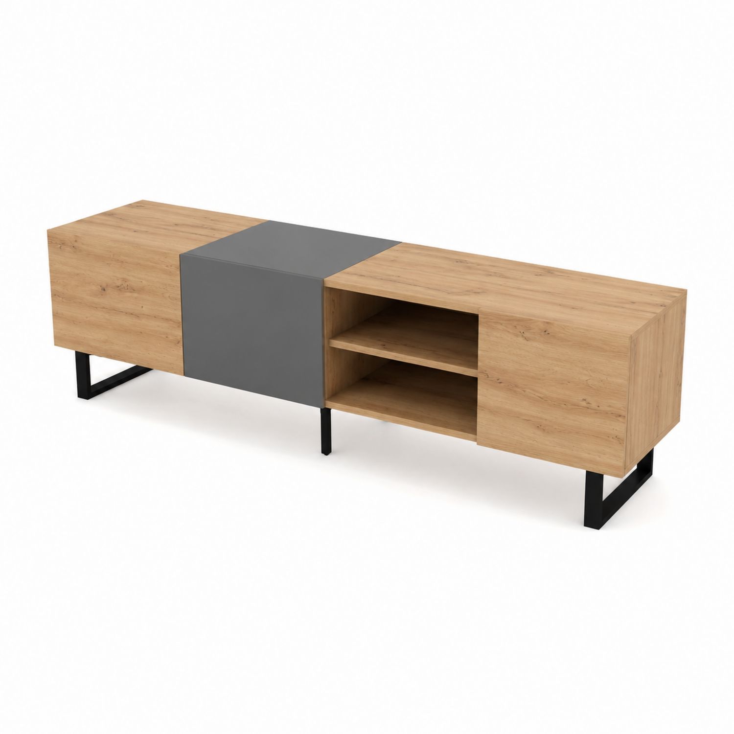 Szafka RTV drewniana MDF i metalowa 180x40x45cm dąb czarny szary
